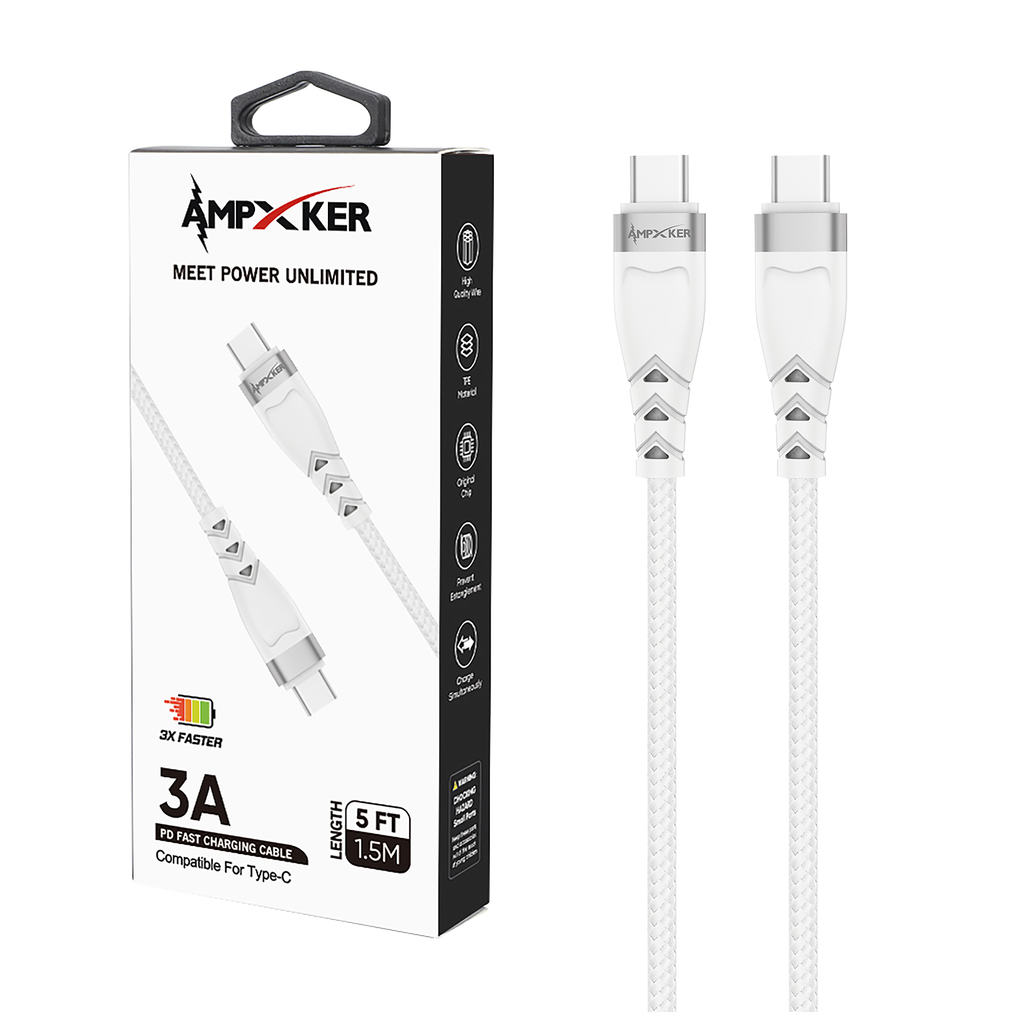 PD Type C - Cable - 3 AMP - Fast Charging - Nylon Braided Aluminium Alloy - WHITE  (item#3)