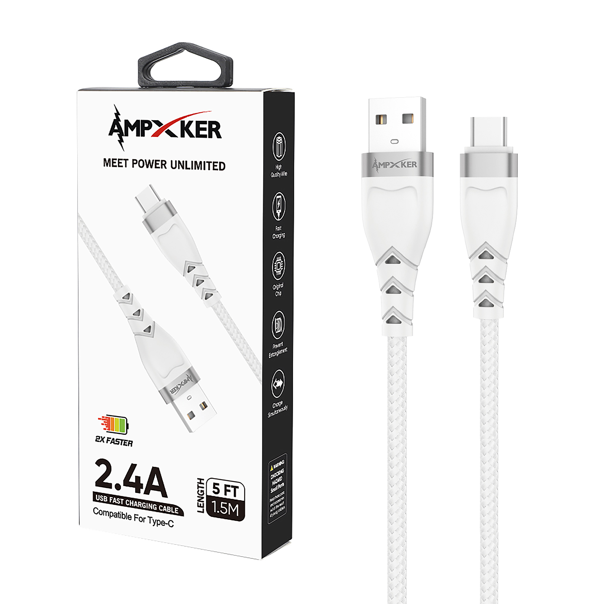 USB to Type C - Cable - 2.4 AMP - Nylon Braided Aluminium Alloy - WHITE  (item#17)