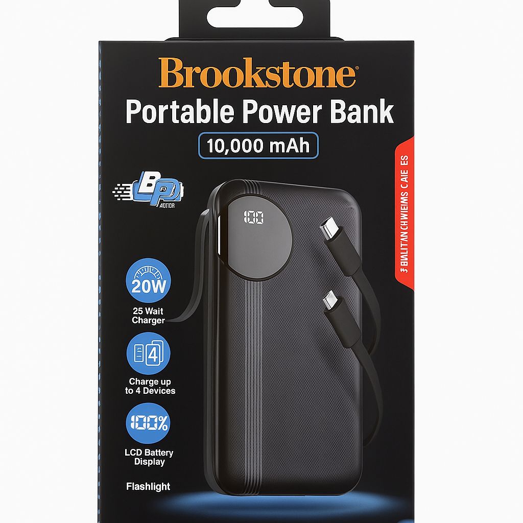 BROOKSTONE PORTABLE POWER BANK 10,000 MAH - 20WATT- CHARGE 4 DEVICES - LCD BATTERY DISPLAY - FLASHLIGHT - 2 BUILT IN CHARGING CABLES - BLACK (BK14-1RWC-BK) (D12 BROOKSTONE#5)