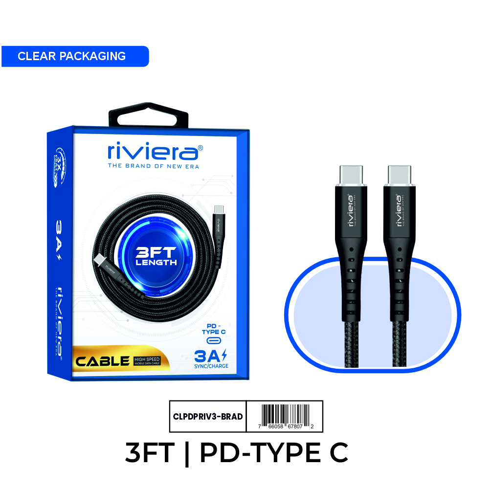 Clear Blister - 3FT Fast Charging Cable [Type C - Type C (PD)] Nylon Braided - Black w/ Black Shell (88)