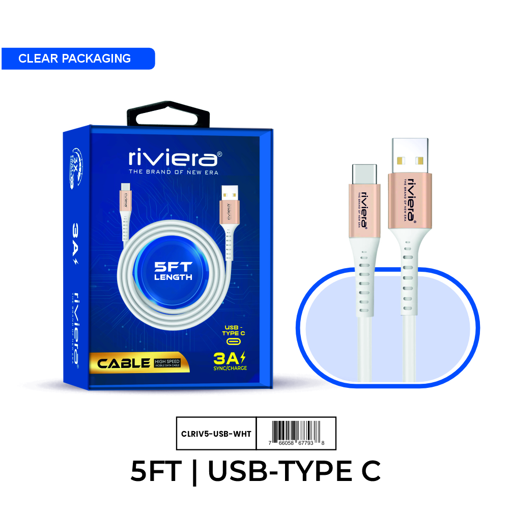 Clear Blister - 5FT Fast Charging Cable [USB - Type C (PD)] - White w/ Golden Shell (74)