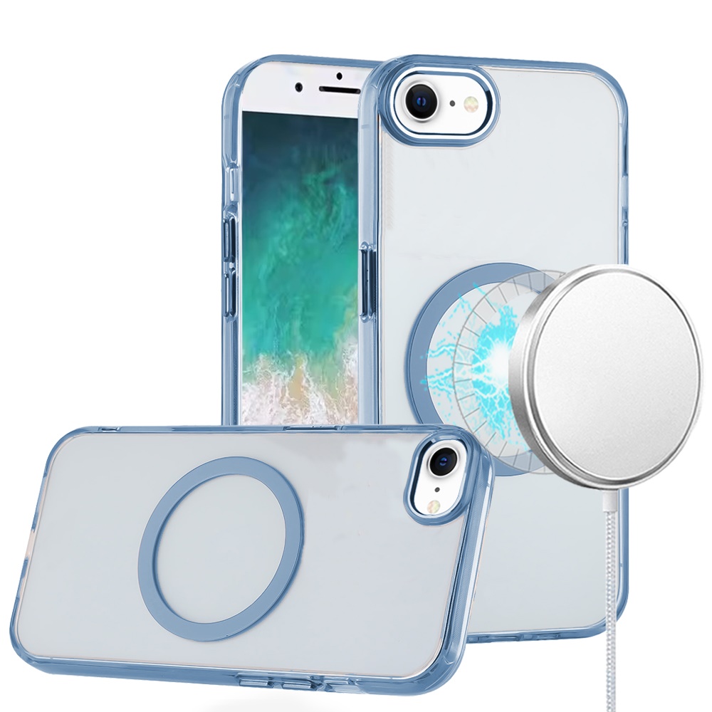 For iPhone SE4 Magnetic Circle Ring Transparent Premium Acrylic with Metal Buttons & Camera Raised Lip - Light Blue