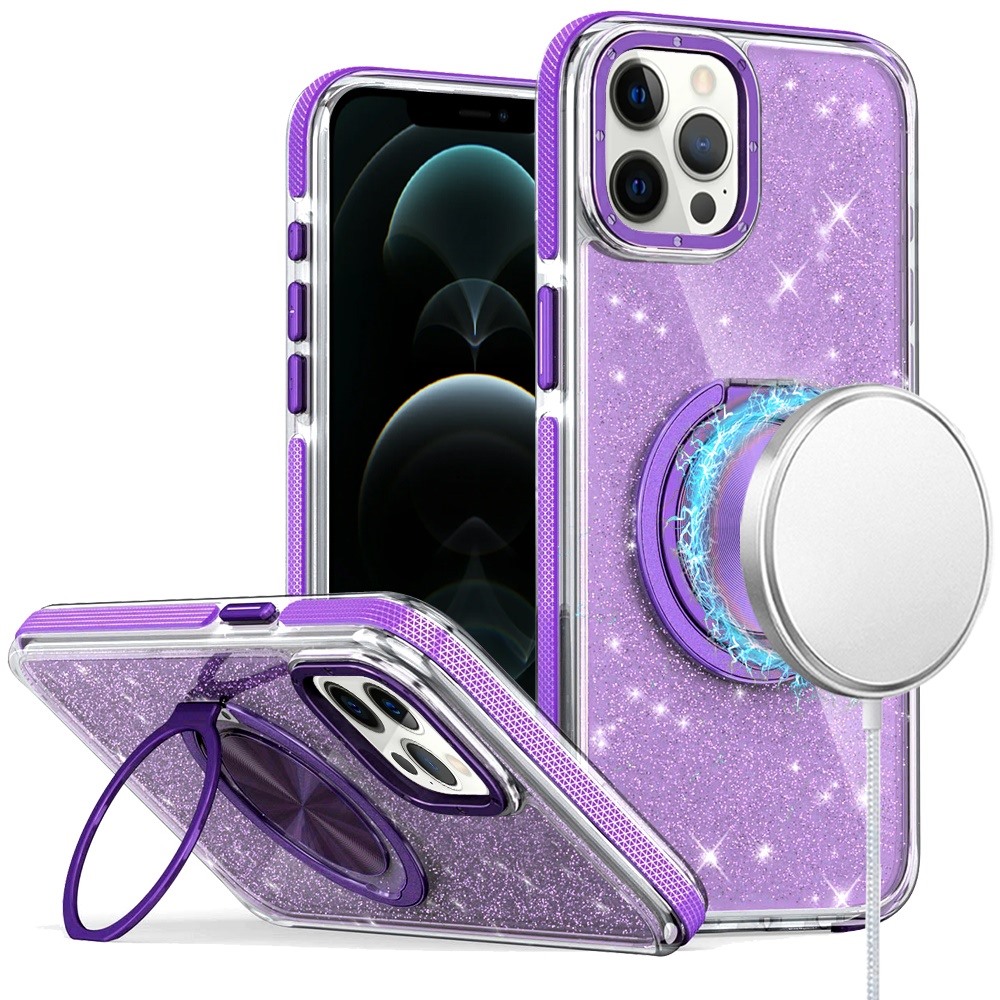 For iPhone 12 Pro Max 6.7 Glitz HQ Shimmer Glitter [Magnetic Ring Circle] with 360 degree Rotational Ring Kickstand Tough Hybrid Case - Purple