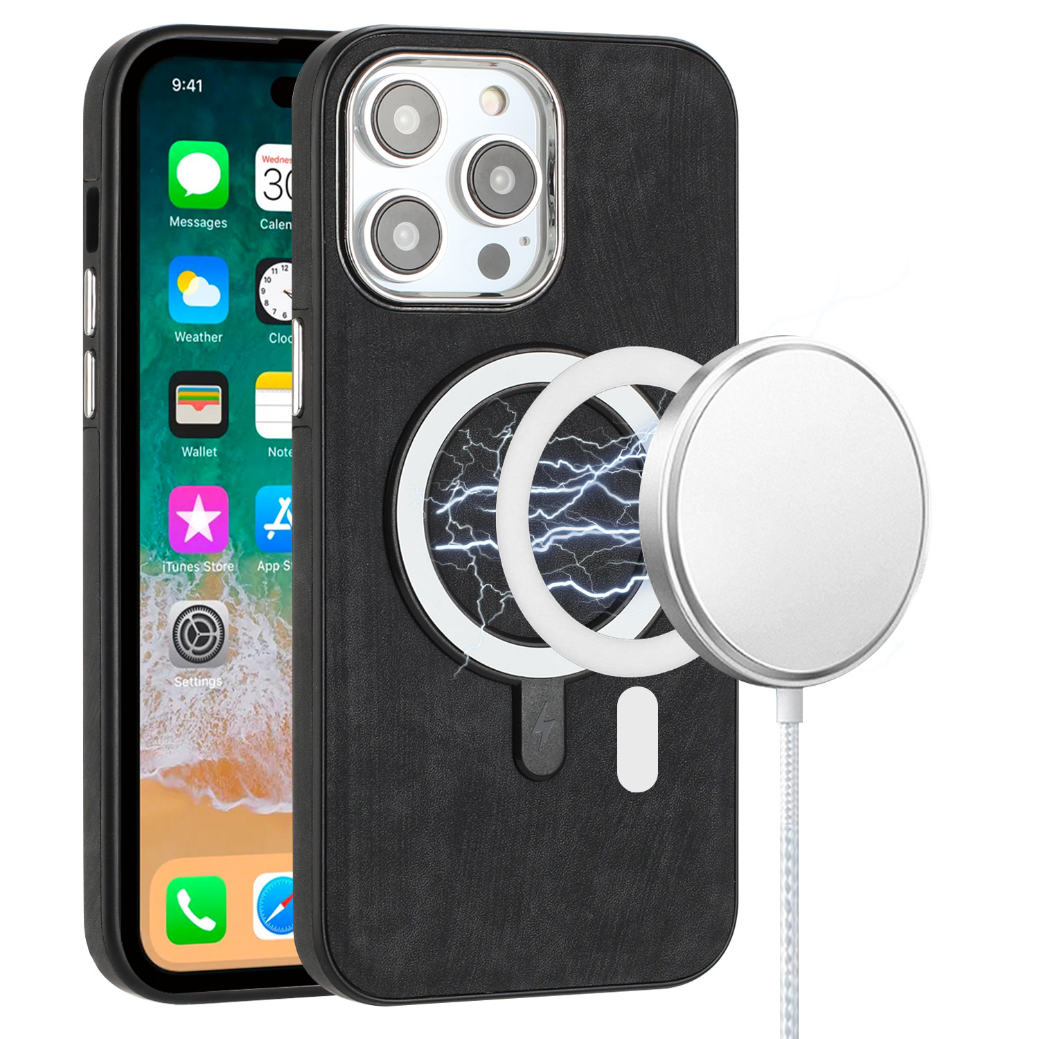 For iPhone 12 Pro Max 6.7 Fashion PU Vegan Chrome Edged Case Cover - Black