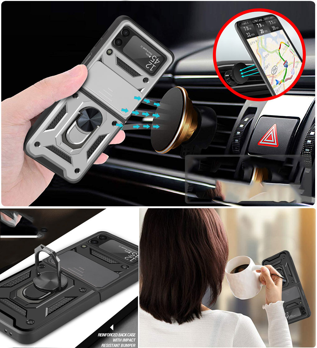 For Samsung Z Flip4 Case Camera Push Magnetic Ring Stand Hybrid Phone Cover