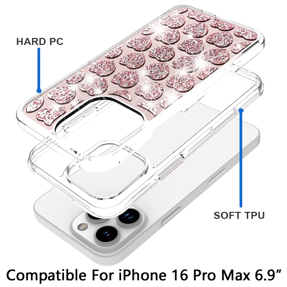 For iPhone 16 PRO MAX Case Shimmering Bling Hybrid Phone Cover + Tempered Glass - Picture 8 of 21