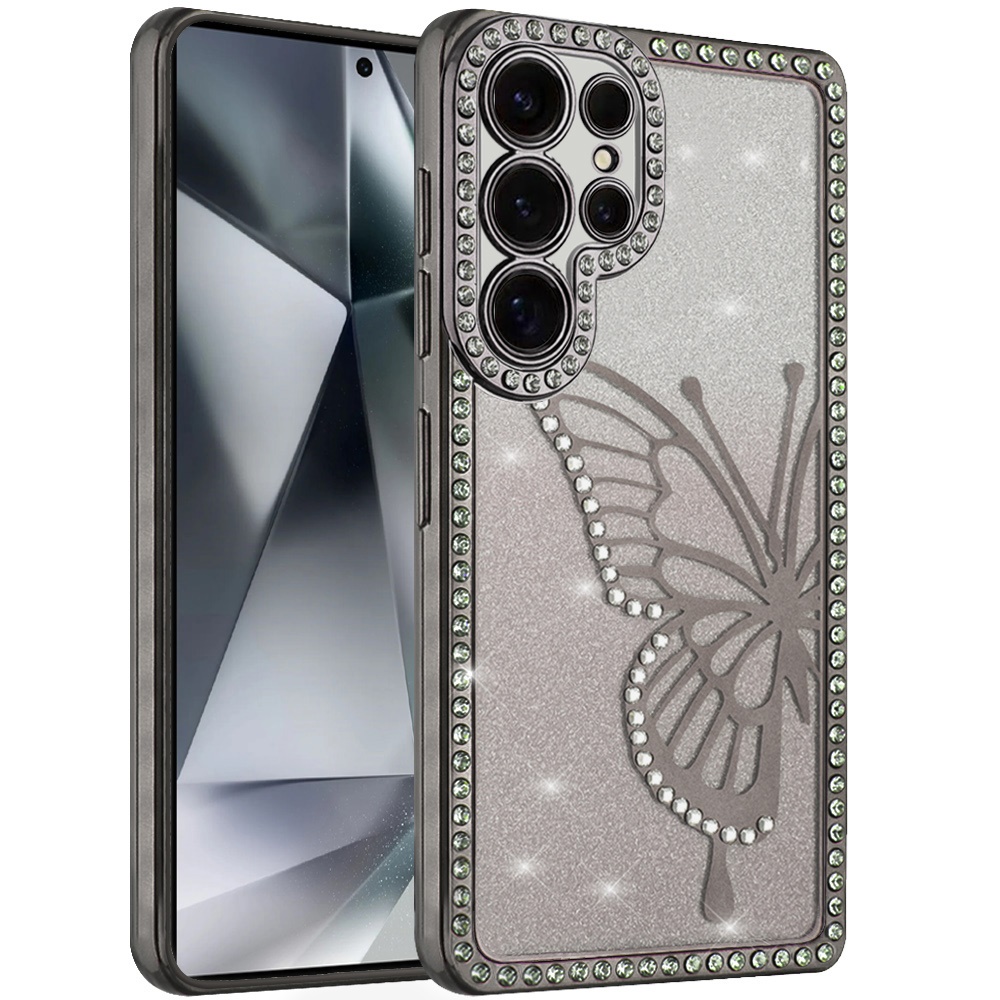 For Samsung Galaxy s24 Ultra Electroplated Butterfly With Diamonds Glitter Shimmer Hybrid Case - Black