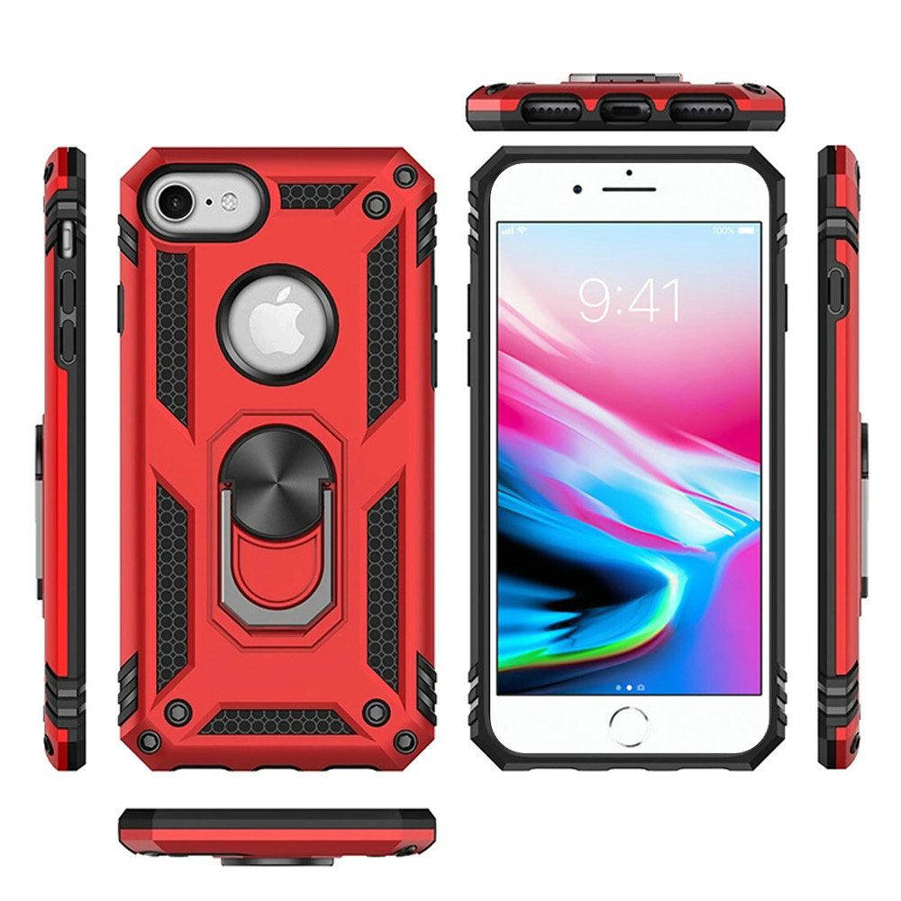 For iPhone SE 3 (2022) SE/8/7 Ring Magnetic Kickstand Hybrid Case Cover - Red