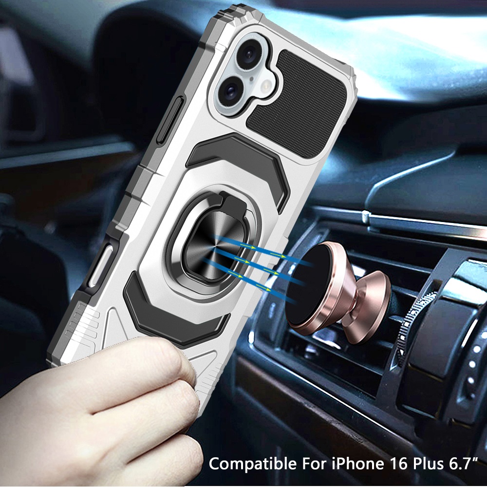 Custodia per iPhone 16 Plus 6,7 pollici supporto anello magnetico doppio strato + vetro temperato - Foto 17 di 18