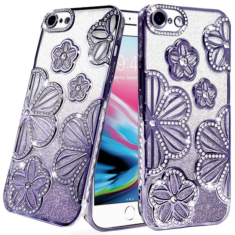 For iPhone SE 3 (2022) SE/8/7 Shimmer Glitter Floral Design Thick TPU Case Cover - Purple