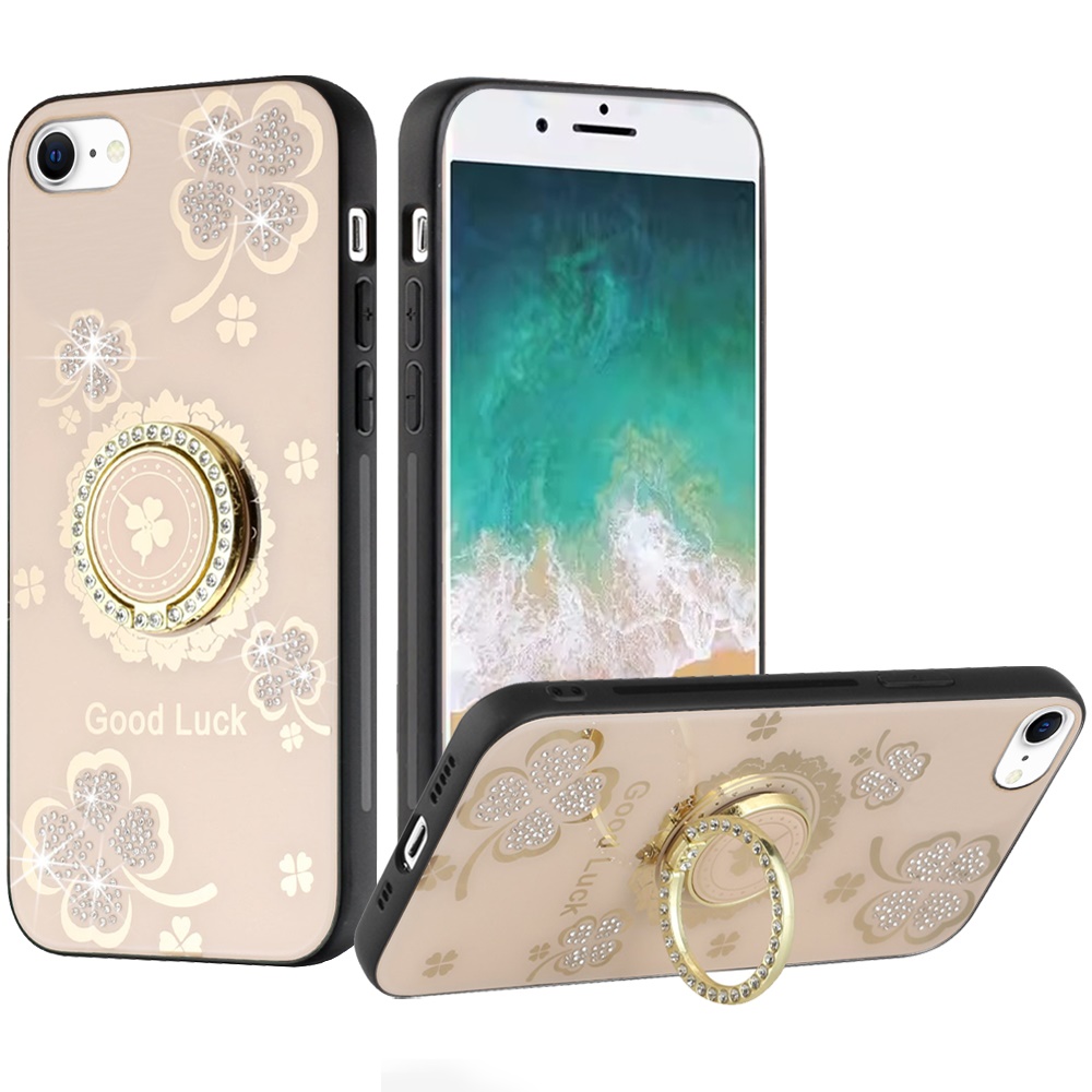 For iPhone SE4 SPLENDID Diamond Glitter Ornaments Engraving Case Cover - Good Luck Floral Gold