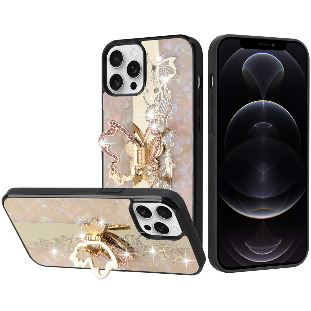 For Apple iPhone 12 Pro Max 6.7 SPLENDID Diamond Glitter Ornaments Engraving Case Cover - Enchanted Butterfly Gold
