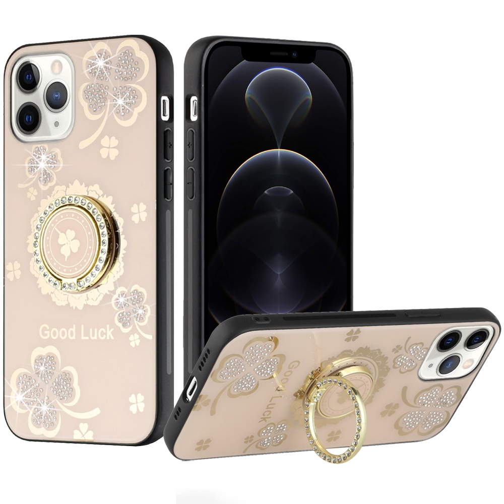 For iPhone 12 Pro Max 6.7 SPLENDID Diamond Glitter Ornaments Engraving - Good Luck Floral Gold