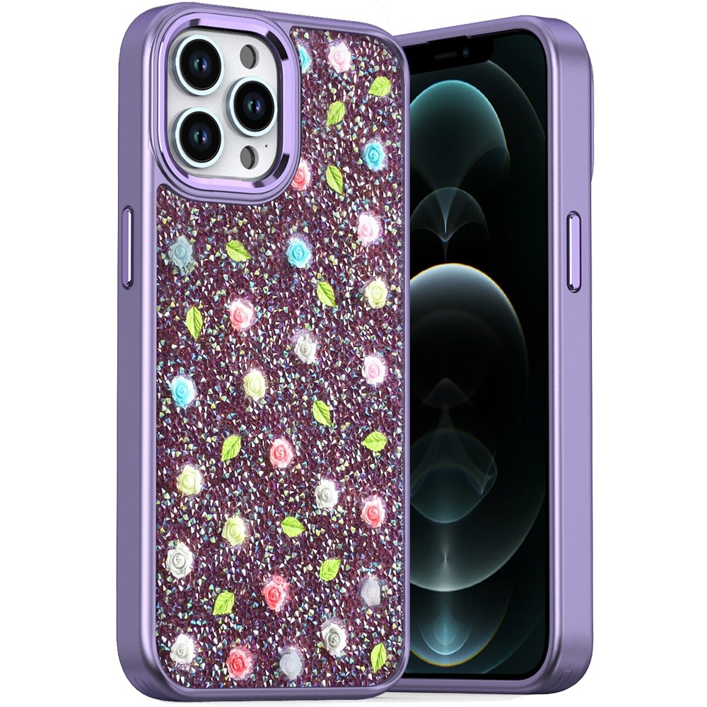 For iPhone 12 Pro Max 6.7 Stick-On Embedded Glass Diamonds of Colorful Floral Arrangement HQ Hybrid Case - Purple